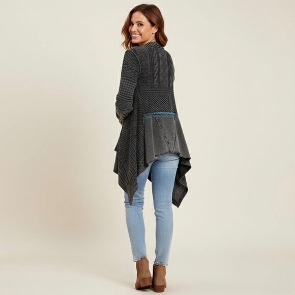Free People Grey Patchwork Knit Duster Cardigan Sweater • Boho Coastal Cowgirl M - Picture 15 of 16